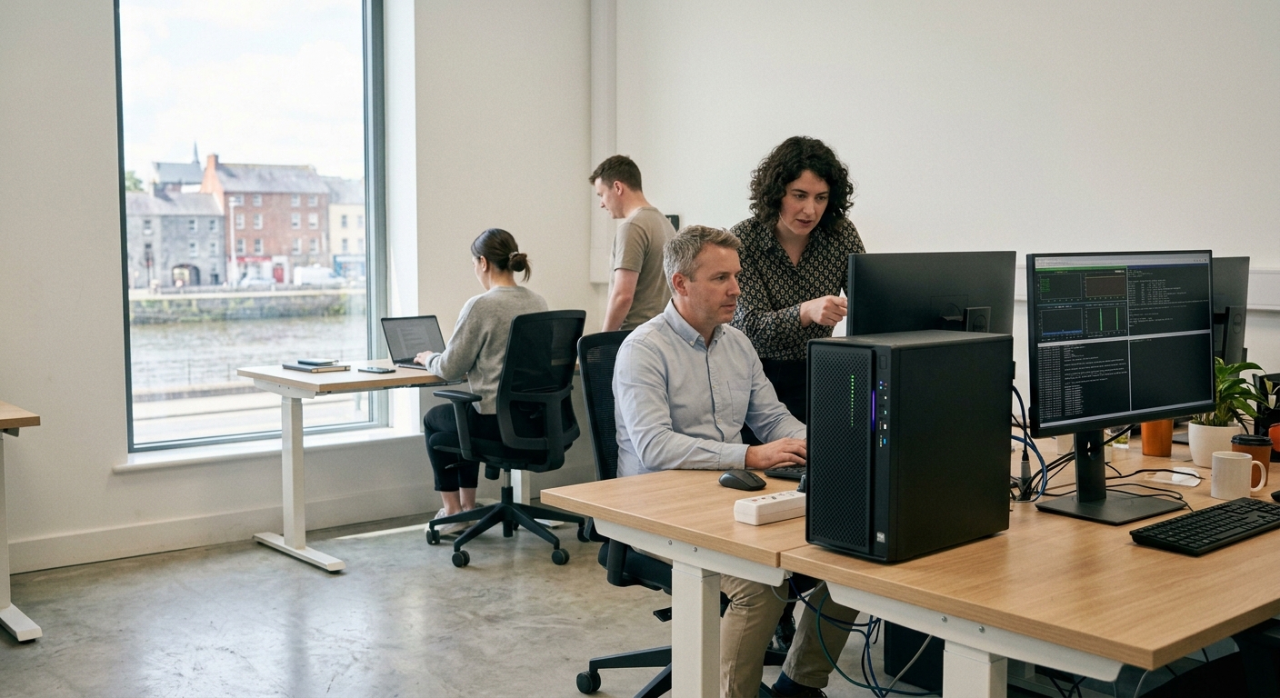 Modern professional office workstation with private, offline AI running on local hardware